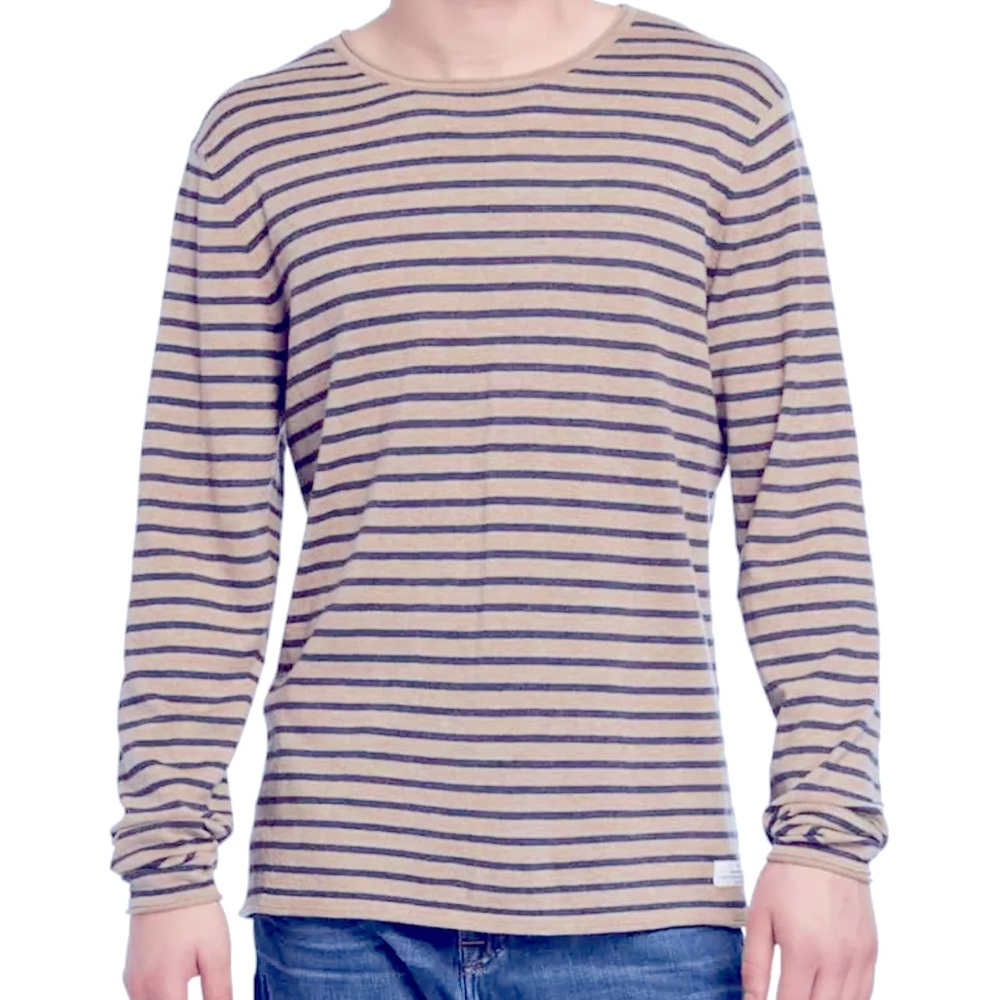 7 For All Mankind - men’s striped cotton blend sweater w rolled hem details - L